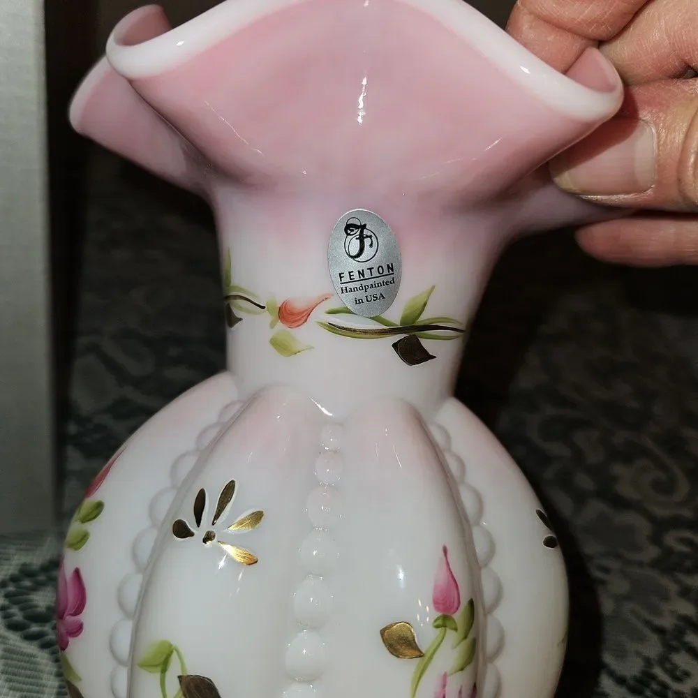 Fenton Rosalene Charleton Collection Hand Painted Beaded Melon Vase
